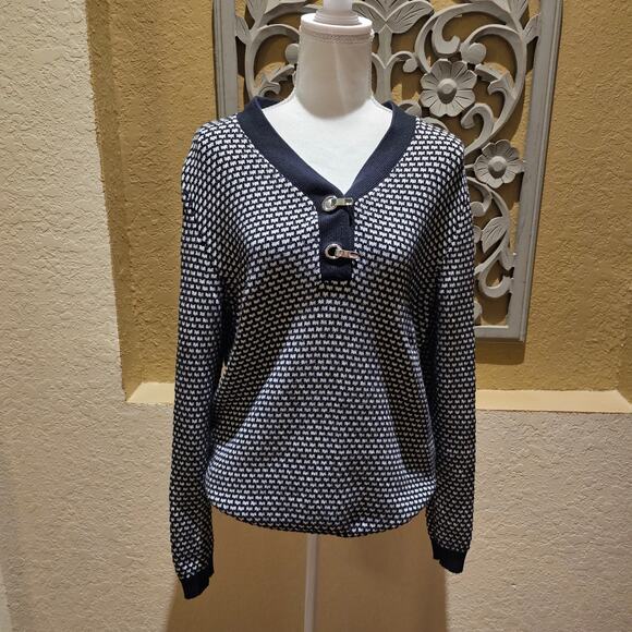 Karen Scott Knit Sweater Black White Polka Dot Retro Mod Preppy Y2K Academia - Picture 3 of 8